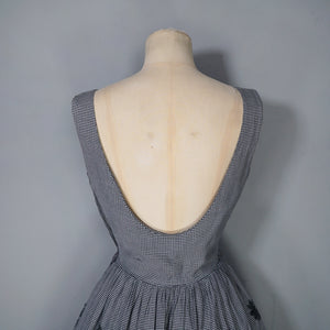 50s LIGHTWEIGHT TIERED EMBROIDERED GREY GINGHAM DRESS WITH DEEP SCOOP BACK - XS-S