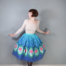Load image into Gallery viewer, 50s FANTASTIC BLUE COTTON FULL SKIRT WITH PIK ROSE BORDER PRINT - 25.5"
