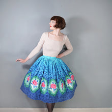 Load image into Gallery viewer, 50s FANTASTIC BLUE COTTON FULL SKIRT WITH PIK ROSE BORDER PRINT - 25.5"