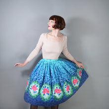 Load image into Gallery viewer, 50s FANTASTIC BLUE COTTON FULL SKIRT WITH PIK ROSE BORDER PRINT - 25.5"
