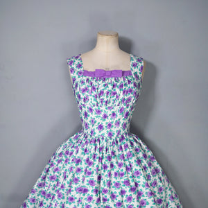 50s 60s SAMBO VANITY COTTONS PURPLE ROSE PRINT DRESS - XS