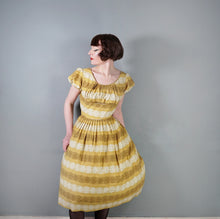 Load image into Gallery viewer, 50s MUSTARD YELLOW FLORAL SUN DRESS WITH RUCHED SHELF BUST AND PRINCESS PUFF SLEEVE - S-M