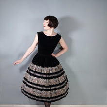 Load image into Gallery viewer, 50s FULL SKIRTED BLACK VELVET EVENING DRESS WITH BORDER PATTERN FULL SKIRT - S