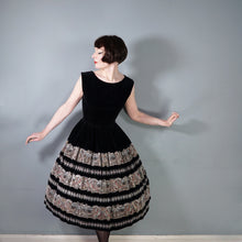 Load image into Gallery viewer, 50s FULL SKIRTED BLACK VELVET EVENING DRESS WITH BORDER PATTERN FULL SKIRT - S