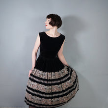 Load image into Gallery viewer, 50s FULL SKIRTED BLACK VELVET EVENING DRESS WITH BORDER PATTERN FULL SKIRT - S