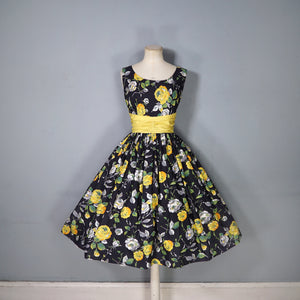 50s BLACK YELLOW FLORAL ROSE PRINT DRESS AND BOLERO JACKET - S