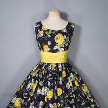 Load image into Gallery viewer, 50s BLACK YELLOW FLORAL ROSE PRINT DRESS AND BOLERO JACKET - S