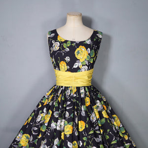 50s BLACK YELLOW FLORAL ROSE PRINT DRESS AND BOLERO JACKET - S