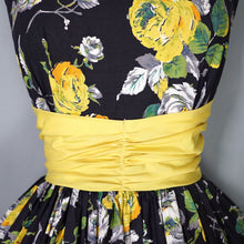 Load image into Gallery viewer, 50s BLACK YELLOW FLORAL ROSE PRINT DRESS AND BOLERO JACKET - S