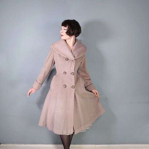 50s HUBER LIGHT BROWN / STONE COLOURED WOOL PRINCESS COAT - S-M