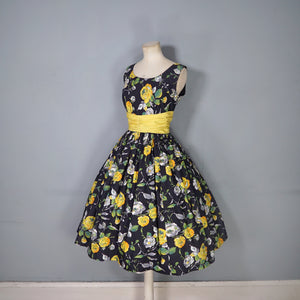 50s BLACK YELLOW FLORAL ROSE PRINT DRESS AND BOLERO JACKET - S