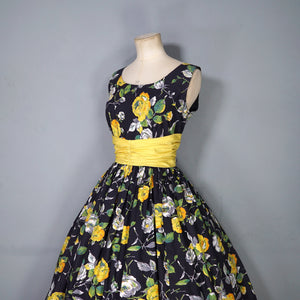 50s BLACK YELLOW FLORAL ROSE PRINT DRESS AND BOLERO JACKET - S