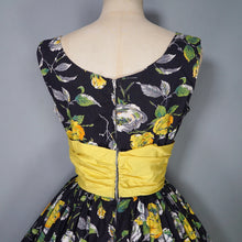 Load image into Gallery viewer, 50s BLACK YELLOW FLORAL ROSE PRINT DRESS AND BOLERO JACKET - S