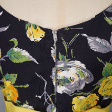 Load image into Gallery viewer, 50s BLACK YELLOW FLORAL ROSE PRINT DRESS AND BOLERO JACKET - S