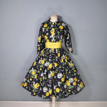 Load image into Gallery viewer, 50s BLACK YELLOW FLORAL ROSE PRINT DRESS AND BOLERO JACKET - S