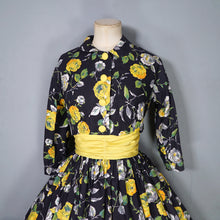 Load image into Gallery viewer, 50s BLACK YELLOW FLORAL ROSE PRINT DRESS AND BOLERO JACKET - S