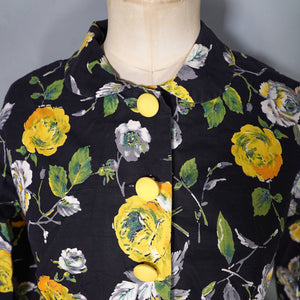 50s BLACK YELLOW FLORAL ROSE PRINT DRESS AND BOLERO JACKET - S