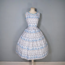 Load image into Gallery viewer, 50s PALE BLUE NOVELTY DRESS IN ROMANTIC LADY AND COURTIER PRINT - XS-S