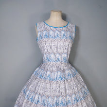 Load image into Gallery viewer, 50s PALE BLUE NOVELTY DRESS IN ROMANTIC LADY AND COURTIER PRINT - XS-S