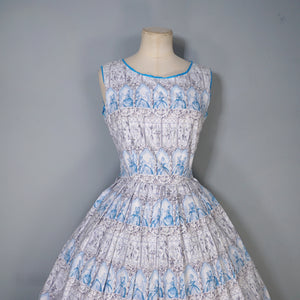 50s PALE BLUE NOVELTY DRESS IN ROMANTIC LADY AND COURTIER PRINT - XS-S