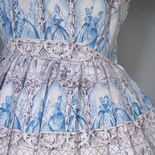 Load image into Gallery viewer, 50s PALE BLUE NOVELTY DRESS IN ROMANTIC LADY AND COURTIER PRINT - XS-S