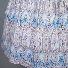 Load image into Gallery viewer, 50s PALE BLUE NOVELTY DRESS IN ROMANTIC LADY AND COURTIER PRINT - XS-S
