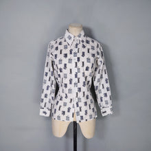 Load image into Gallery viewer, 70s SMOKING / LIGHTER PRINT NOVELTY BLUE WHITE SHIRT - XS