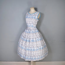 Load image into Gallery viewer, 50s PALE BLUE NOVELTY DRESS IN ROMANTIC LADY AND COURTIER PRINT - XS-S