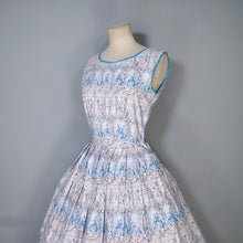 Load image into Gallery viewer, 50s PALE BLUE NOVELTY DRESS IN ROMANTIC LADY AND COURTIER PRINT - XS-S