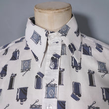 Load image into Gallery viewer, 70s SMOKING / LIGHTER PRINT NOVELTY BLUE WHITE SHIRT - XS