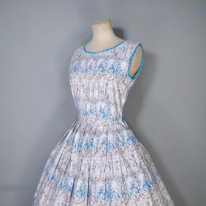 50s PALE BLUE NOVELTY DRESS IN ROMANTIC LADY AND COURTIER PRINT - XS-S