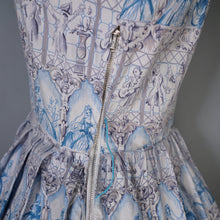 Load image into Gallery viewer, 50s PALE BLUE NOVELTY DRESS IN ROMANTIC LADY AND COURTIER PRINT - XS-S
