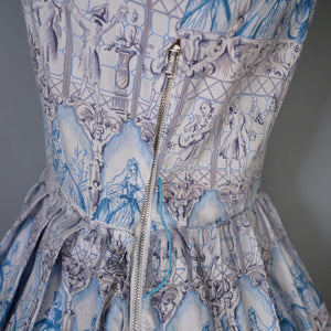 50s PALE BLUE NOVELTY DRESS IN ROMANTIC LADY AND COURTIER PRINT - XS-S