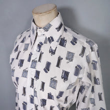 Load image into Gallery viewer, 70s SMOKING / LIGHTER PRINT NOVELTY BLUE WHITE SHIRT - XS