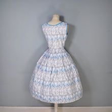 Load image into Gallery viewer, 50s PALE BLUE NOVELTY DRESS IN ROMANTIC LADY AND COURTIER PRINT - XS-S