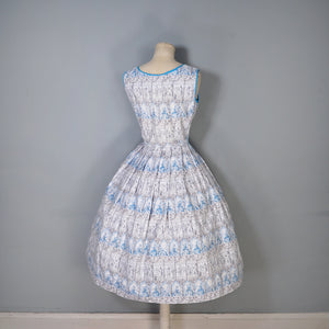 50s PALE BLUE NOVELTY DRESS IN ROMANTIC LADY AND COURTIER PRINT - XS-S