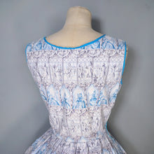 Load image into Gallery viewer, 50s PALE BLUE NOVELTY DRESS IN ROMANTIC LADY AND COURTIER PRINT - XS-S