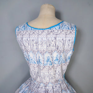 50s PALE BLUE NOVELTY DRESS IN ROMANTIC LADY AND COURTIER PRINT - XS-S