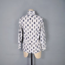 Load image into Gallery viewer, 70s SMOKING / LIGHTER PRINT NOVELTY BLUE WHITE SHIRT - XS