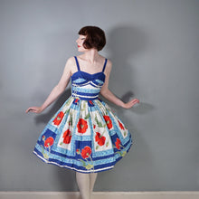 Load image into Gallery viewer, 60s BRIGHT BLUE AND RED STRAPPY POPPY FLORAL FULL SKIRTED SUN DRESS - XS