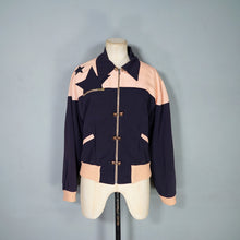 Load image into Gallery viewer, 70s DOES 50s SOFT RAYON STAR APPLIQUE PINK AND NAVY BOMBER JACKET - M-L