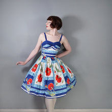 Load image into Gallery viewer, 60s BRIGHT BLUE AND RED STRAPPY POPPY FLORAL FULL SKIRTED SUN DRESS - XS
