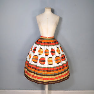 50s 60s ORANGE STRIPE AND BALL PATTERN FULL COTTON SKIRT - 29.5"
