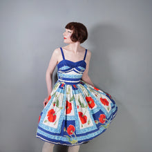 Load image into Gallery viewer, 60s BRIGHT BLUE AND RED STRAPPY POPPY FLORAL FULL SKIRTED SUN DRESS - XS