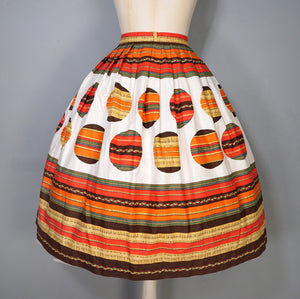 50s 60s ORANGE STRIPE AND BALL PATTERN FULL COTTON SKIRT - 29.5"