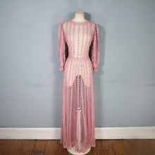 Load image into Gallery viewer, 1970s LIM&#39;S VINTAGE CROCHET DUSKY PINK LACE MAXI DRESS WITH FULL SWEEP - L
