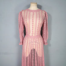 Load image into Gallery viewer, 1970s LIM&#39;S VINTAGE CROCHET DUSKY PINK LACE MAXI DRESS WITH FULL SWEEP - L
