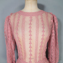 Load image into Gallery viewer, 1970s LIM&#39;S VINTAGE CROCHET DUSKY PINK LACE MAXI DRESS WITH FULL SWEEP - L