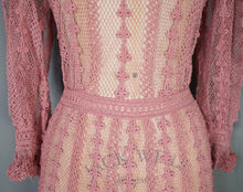 Load image into Gallery viewer, 1970s LIM&#39;S VINTAGE CROCHET DUSKY PINK LACE MAXI DRESS WITH FULL SWEEP - L