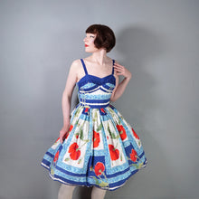 Load image into Gallery viewer, 60s BRIGHT BLUE AND RED STRAPPY POPPY FLORAL FULL SKIRTED SUN DRESS - XS
